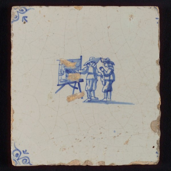 Scene tile, double child's play, print stand, corner motif ox's head, wall tile tile sculpture ceramic earthenware glaze, baked