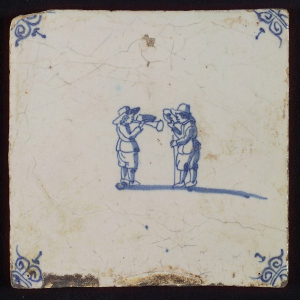 Scene tile, child's play, trumpet and horn playing, corner motif ox's head, wall tile tile sculpture ceramic earthenware enamel