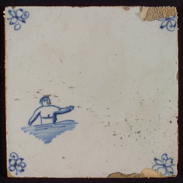 Scene tile, child's play, swimming, corner motif spider, wall tile tile sculpture ceramic earthenware glaze, baked 2x glazed