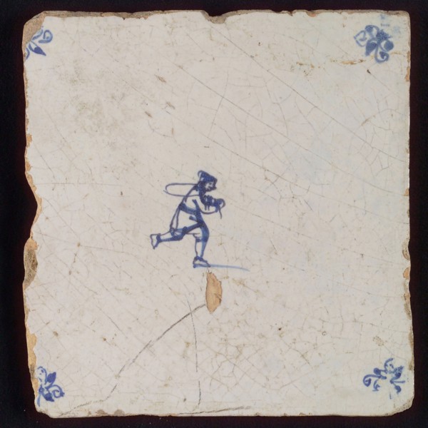 Scene tile, child's play, jump rope, corner motif spider, wall tile tile sculpture ceramic earthenware glaze, baked 2x glazed