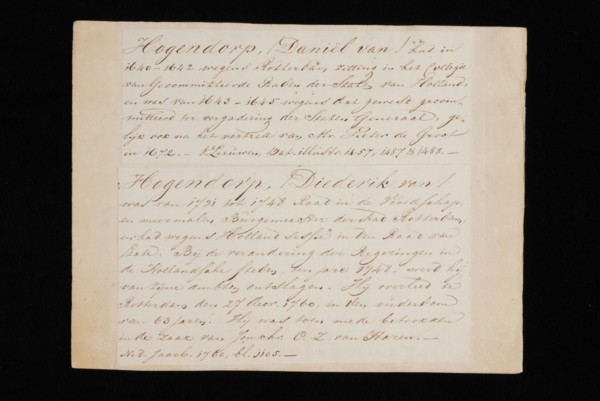 Handwritten concise description of functions performed by Daniël and Diederik van Hogendorp, and signature of both, cut out