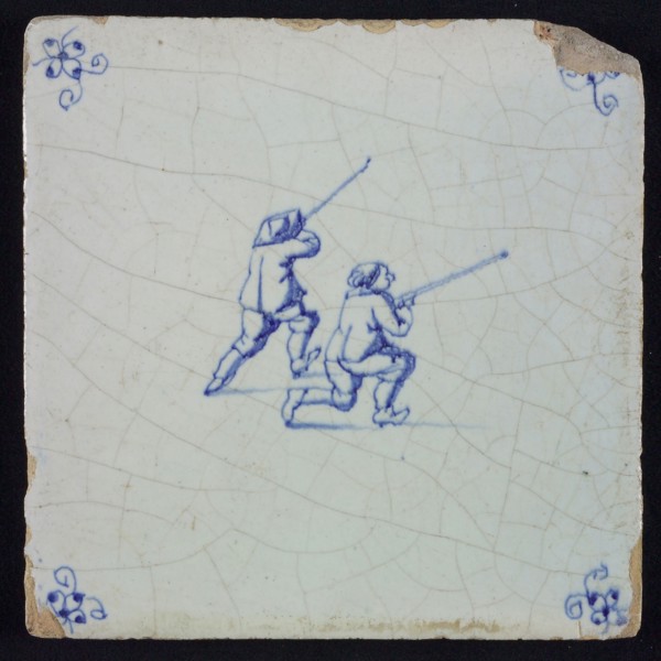 Scene tile, double child's play, blowpipe, corner motif spider, wall tile tile sculpture ceramic earthenware glaze, baked 2x