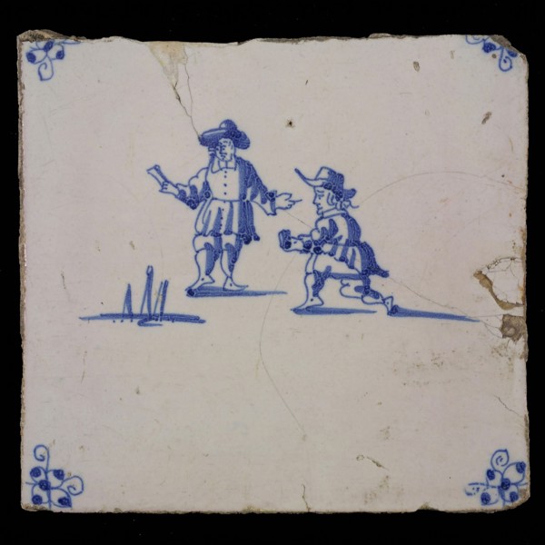 Scene tile, double child's play, koten, corner motif spider, wall tile tile sculpture ceramic earthenware glaze, baked 2x glazed