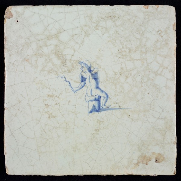 White tile with blue putto, wall tile tile sculpture ceramic earthenware glaze, baked 2x glazed painted