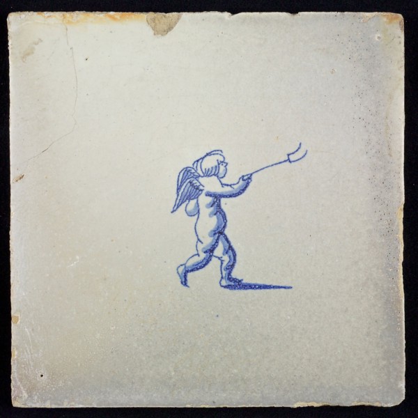 White tile with blue putto, wall tile tile sculpture ceramic earthenware glaze, baked 2x glazed painted