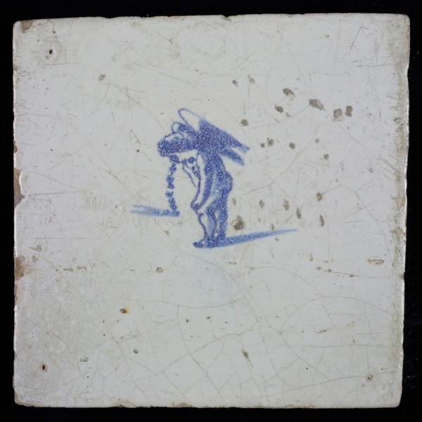 White tile with blue putto, wall tile tile sculpture ceramic earthenware glaze, baked 2x glazed painted