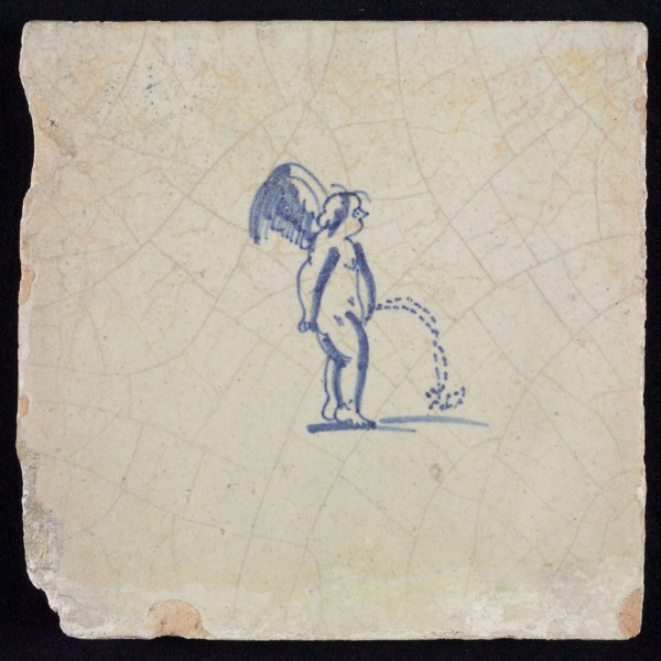 White tile with putto in blue pee, wall tile tile sculpture ceramic earthenware glaze, baked 2x glazed painted