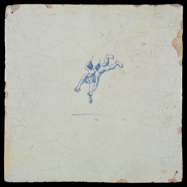 White tile with blue flying putto, wall tile tile sculpture ceramic earthenware glaze, baked 2x glazed painted