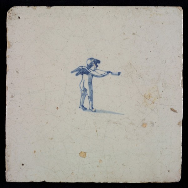 White tile with blue putto, wall tile tile sculpture ceramic earthenware glaze, baked 2x glazed painted