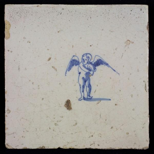 White tile with blue putto, wall tile tile sculpture ceramic earthenware glaze, baked 2x glazed painted