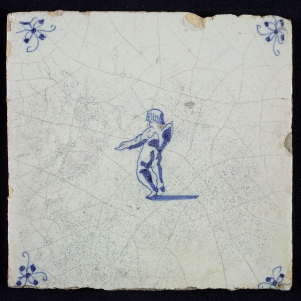 White tile with blue putto; corner motif spider, wall tile tile sculpture ceramic earthenware glaze, baked 2x glazed painted