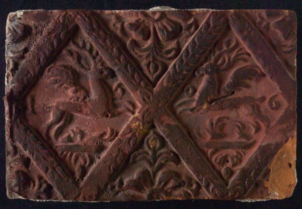 Hearthstone, from Antwerp Belgium, without frame, with winged deer in glass, fireplace stone part ceramic brick, baked Hearth