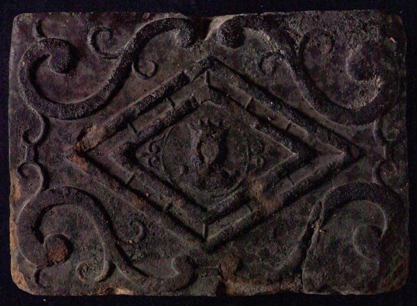 Hearthstone, from Antwerp Belgium, without frame, with crowned person, fireplace stone fireplace component ceramics brick, baked