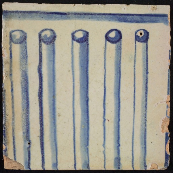 Tile of chimney pilaster, blue on white, part of column with cannelure, chimney pilaster tile pilaster footage fragment ceramics