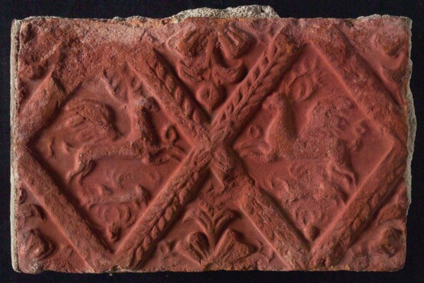 Hearthstone, from Antwerp Belgium, without frame, with winged deer in glass, fireplace stone part ceramics brick, baked Hearth