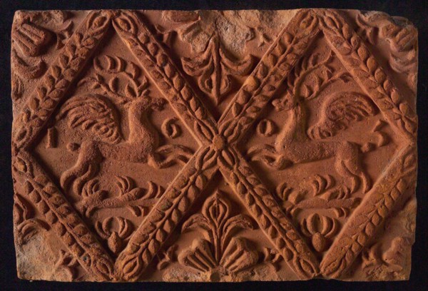 Hearthstone, from Antwerp Belgium, without frame, with winged deer in glass, fireplace stone part ceramics brick, baked Hearth