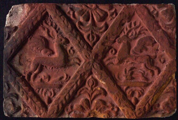 Hearthstone, from Antwerp Belgium, without frame, with winged deer in glass, fireplace stone part ceramic bricks, baked Hearth