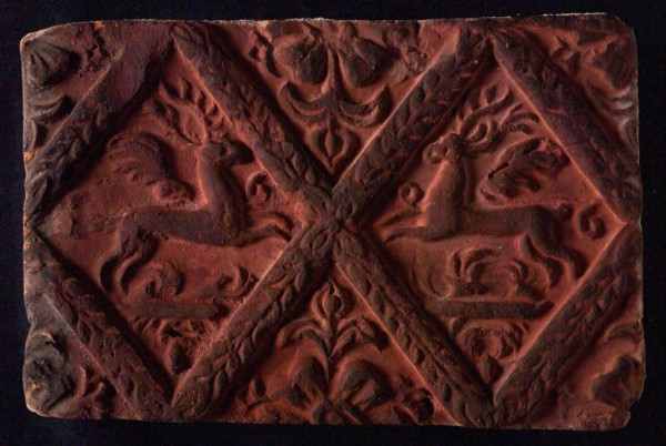 Hearthstone, from Antwerp Belgium, without frame, with winged deer in glass, fire stone fireplace component ceramics brick