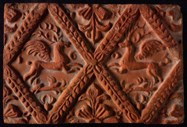 Hearthstone, from Antwerp Belgium, without frame, with winged deer in glass, hearth fireplace part ceramic brick, baked Hearth