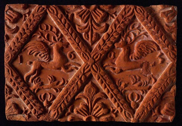 Hearthstone, from Antwerp Belgium, without frame, with winged deer in glass, fire stone fireplace component ceramics brick