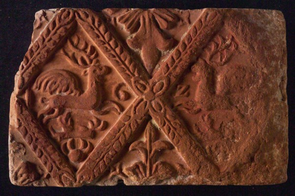 Hearthstone, from Antwerp Belgium, without frame, with winged deer in glass, fire stone fireplace component ceramics brick