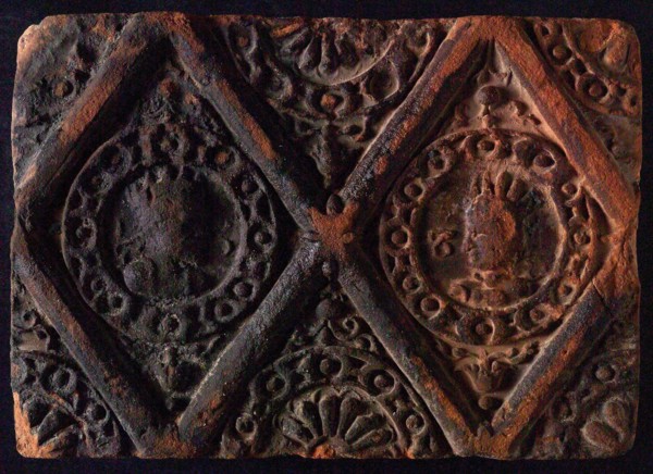 Hearthstone, from Antwerp Belgium, without frame, with male and female head, fireplace stone part ceramic brick, baked Hearth