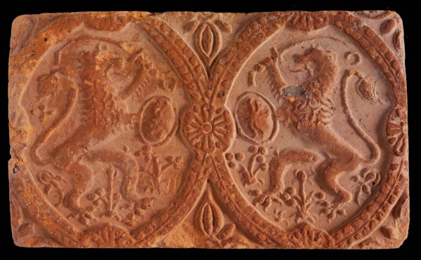 Hearthstone, from Antwerp Belgium, without frame, with two lions, hearth fireplace component ceramics brick, baked Hearth