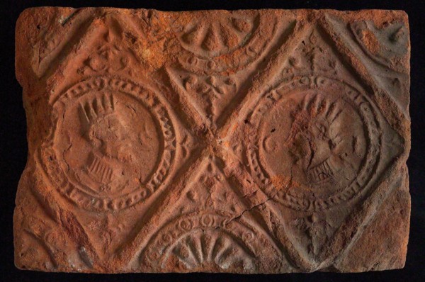 Hearthstone, from Antwerp Belgium, without frame, with crowned male and female head, hearth fireplace component ceramics brick