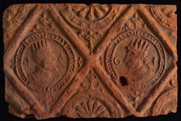 Hearthstone, from Antwerp Belgium, without frame, with crowned male and female head, hearth fireplace component ceramics brick