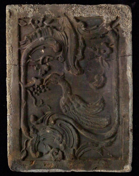 Hearthstone, Luiks, from Luik, Liege Belgium, with wide frame, with bird, flowers and grapes, hearth fireplace part ceramics