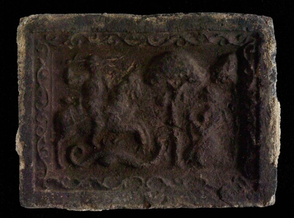 Hearthstone, Luiks, from Luik, Liege Belgium, with wide frame, with Saint George, hearth fireplace part ceramic brick, baked