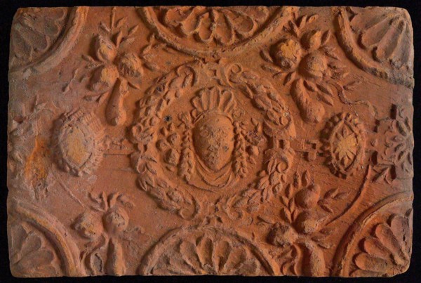 Hearthstone, from Antwerp Belgium, without frame, with mascaron, fireplace hearth part ceramic bricks, baked Hearth stone