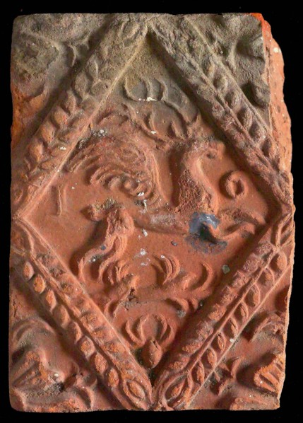 Hearthstone, from Antwerp Belgium, without frame, with winged deer in glass, hearth fireplace component ceramics brick, baked