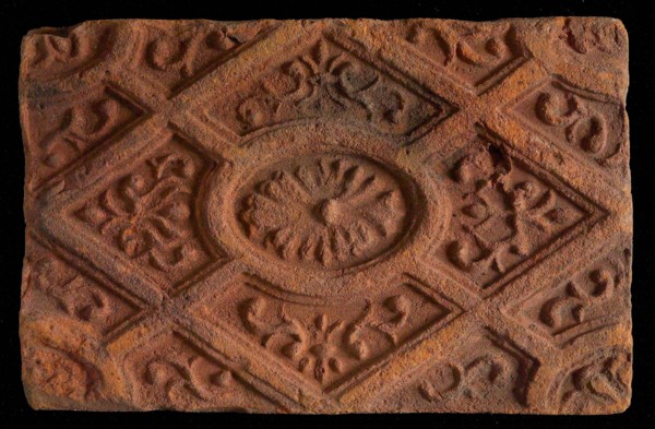 Hearthstone, from Antwerp Belgium, without frame, with rosette in window, hearth fireplace part ceramics brick, baked Hearth
