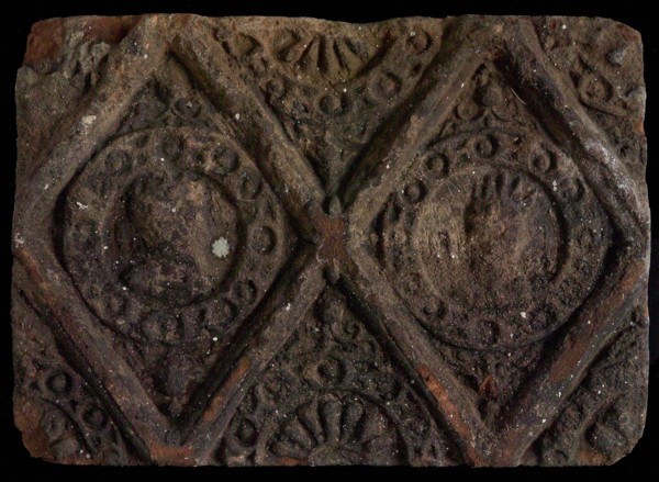 Hearthstone, from Antwerp Belgium, without frame, with crowned male and female head, fireplace hearth part ceramic brick, fried