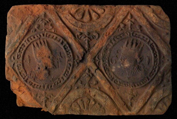 Hearthstone, from Antwerp Belgium, without frame, with crowned male and female head, fireplace hearth part ceramics brick, baked