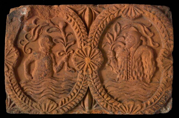 Hearthstone, from Antwerp Belgium, without frame, with monkey and jester, hearth fireplace component ceramics brick, fired
