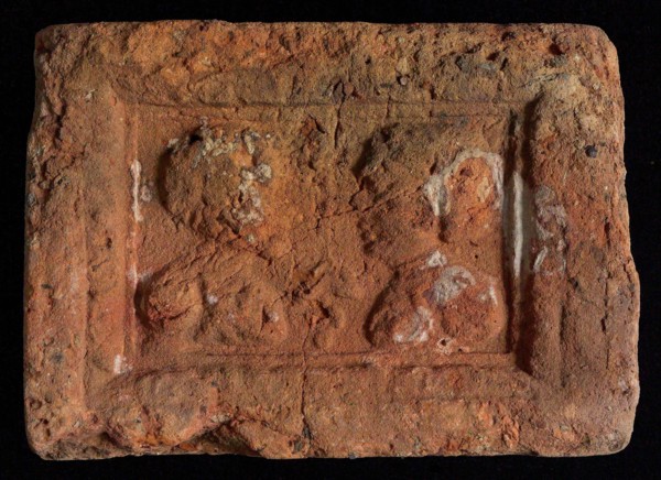 Hearthstone, Luiks, from Luik, Liege Belgium, with wide frame, with male and female head, hearth fireplace part ceramics brick