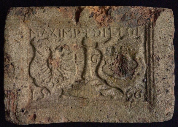 Hearthstone, Luiks, from Luik, Liege Belgium, with wide frame, with perroen and weapons, hearth fireplace component ceramics