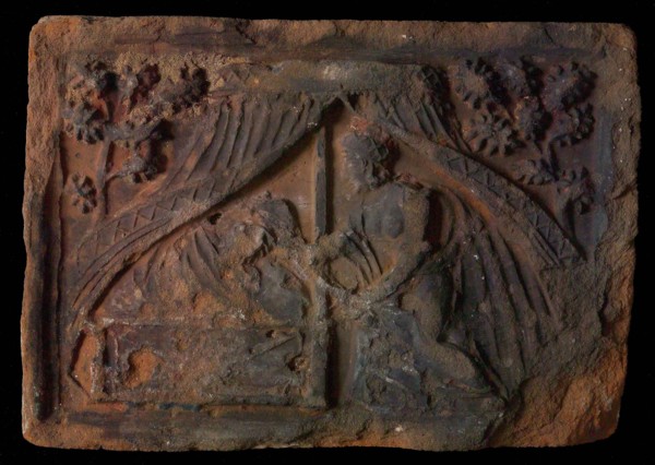 Hearthstone, from Antwerp Belgium, with narrow frame, sleeping Holofernes, hearth fireplace part ceramic brick, fired Hearth