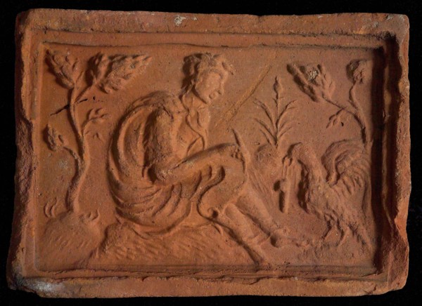 Hearthstone, 'Antwerp', with narrow frame, with evangelist Johannes, hearth fireplace part ceramic brick, fired Hearthstone