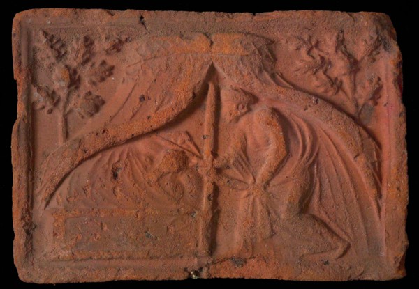 Hearthstone, from Antwerp Belgium, with narrow frame, sleeping Holofernes, hearth fireplace part ceramic brick, fired Hearth