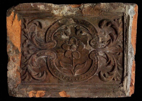Hearthstone, Luiks, from Luik, Liege Belgium, with wide frame, with flower, hearth fireplace part ceramics brick, fired