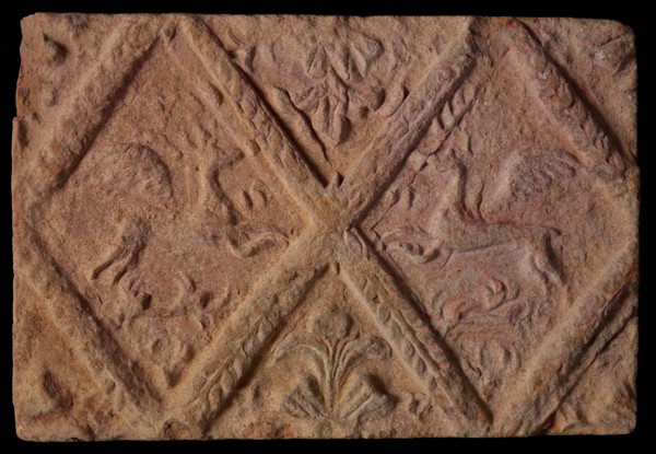 Hearthstone, from Antwerp Belgium, without frame, with winged deer in glass, hearthstone fireplace component ceramics brick