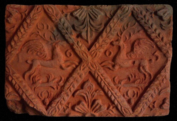 Hearthstone, from Antwerp Belgium, without frame, with winged deer in glass, hearth fireplace component ceramics brick glaze