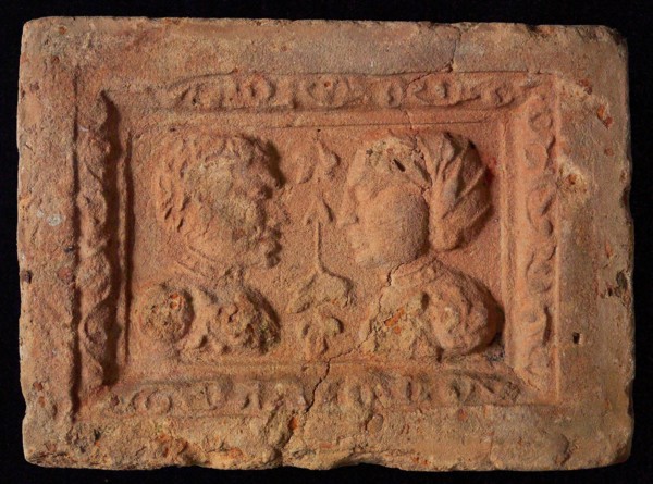 Hearthstone, Luiks, from Luik, Liege Belgium, with wide frame, with male and female head, hearth fireplace part ceramic brick