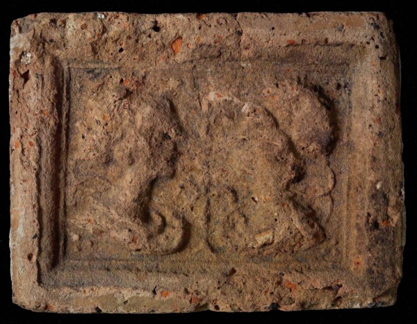 Hearthstone, Luiks, from Luik, Liege Belgium, with wide frame, with male and female head, fireplace hearth part ceramic brick