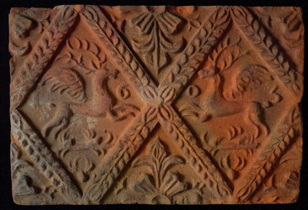 Hearthstone, from Antwerp Belgium, without frame, with winged deer in glass, fireplace stone component ceramics brick glaze