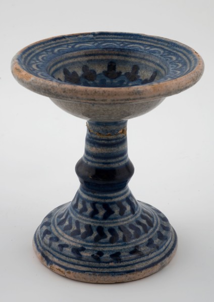 Blue salt barrel on column, majolica, decorated with rosette, salt barrel tableware holder earth discovery ceramics earthenware
