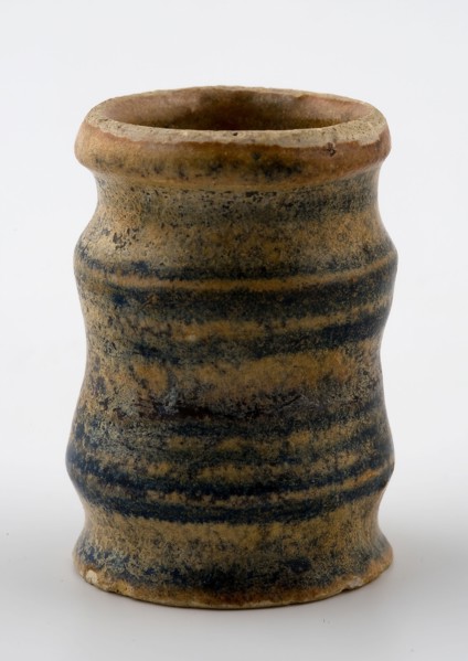 Small majolica albarello on stand with banded pattern, albarello holder soil find ceramic earthenware glaze lead glaze tinglaze
